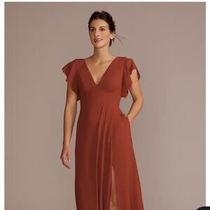 David's Bridal Flutter Sleeve Chiffon V-Neck Dress